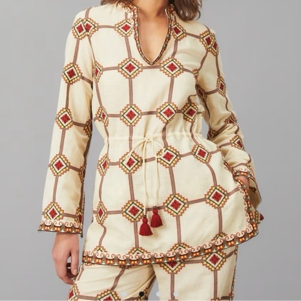 New Tory Burch Embroidered Linen And Cotton Tunic Blouse size 8